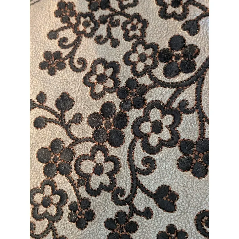Brighton Handbag Embroidered Flowers Leather Metallic Pewter w/ Tassel Purse HTF